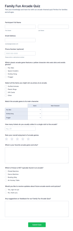 Family Fun Arcade Quiz Form Template