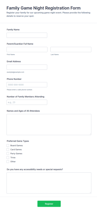 Family Game Night Registration Form Template