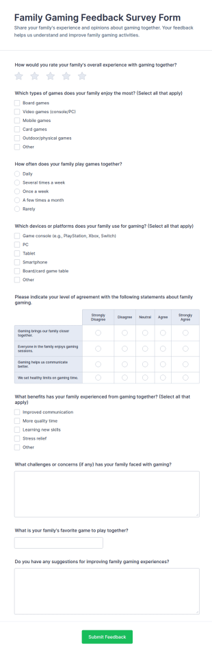 Family Gaming Feedback Survey Form Template