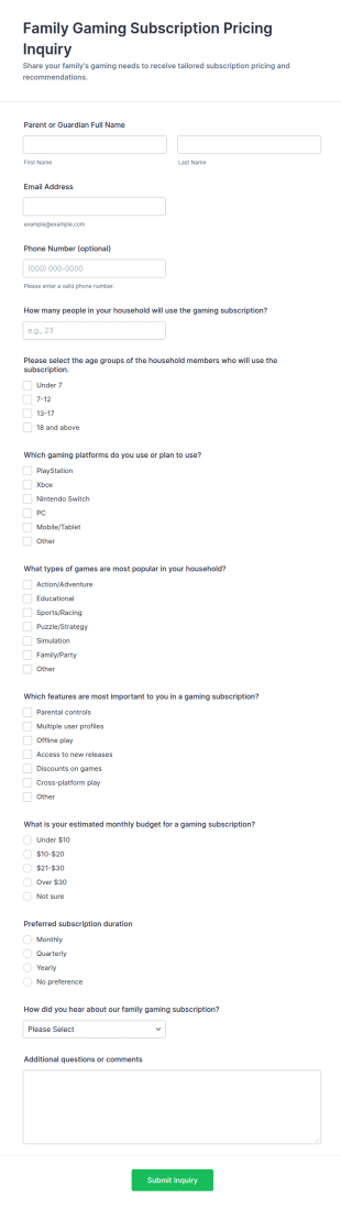 Family Gaming Subscription Pricing Inquiry Form Template