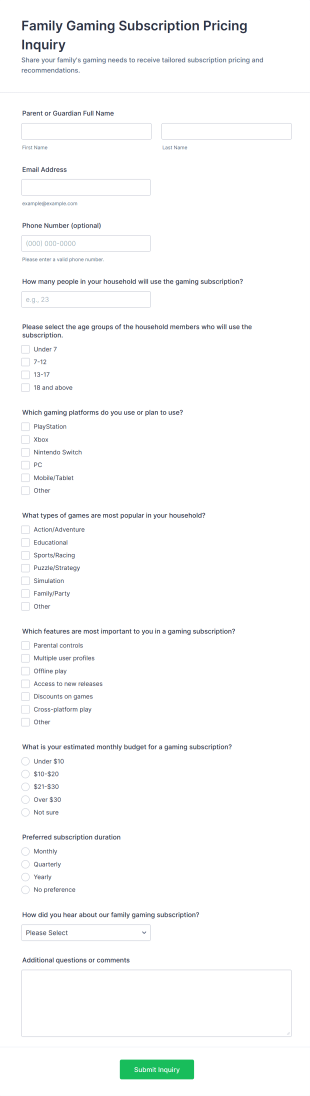 Family Gaming Subscription Pricing Inquiry Form Template
