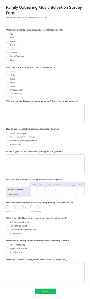 Family Gathering Music Selection Survey Form Template