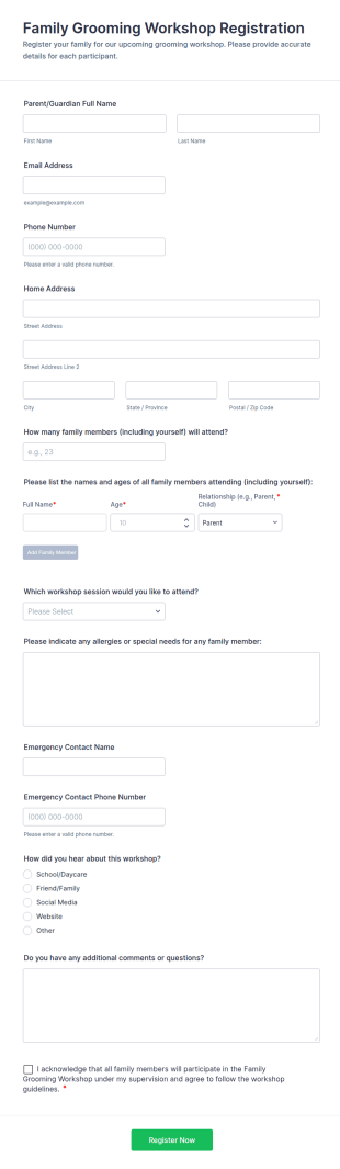 Family Grooming Workshop Registration Form Template