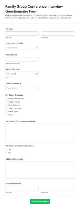 Family Group Conference Interview Questionnaire Form Template