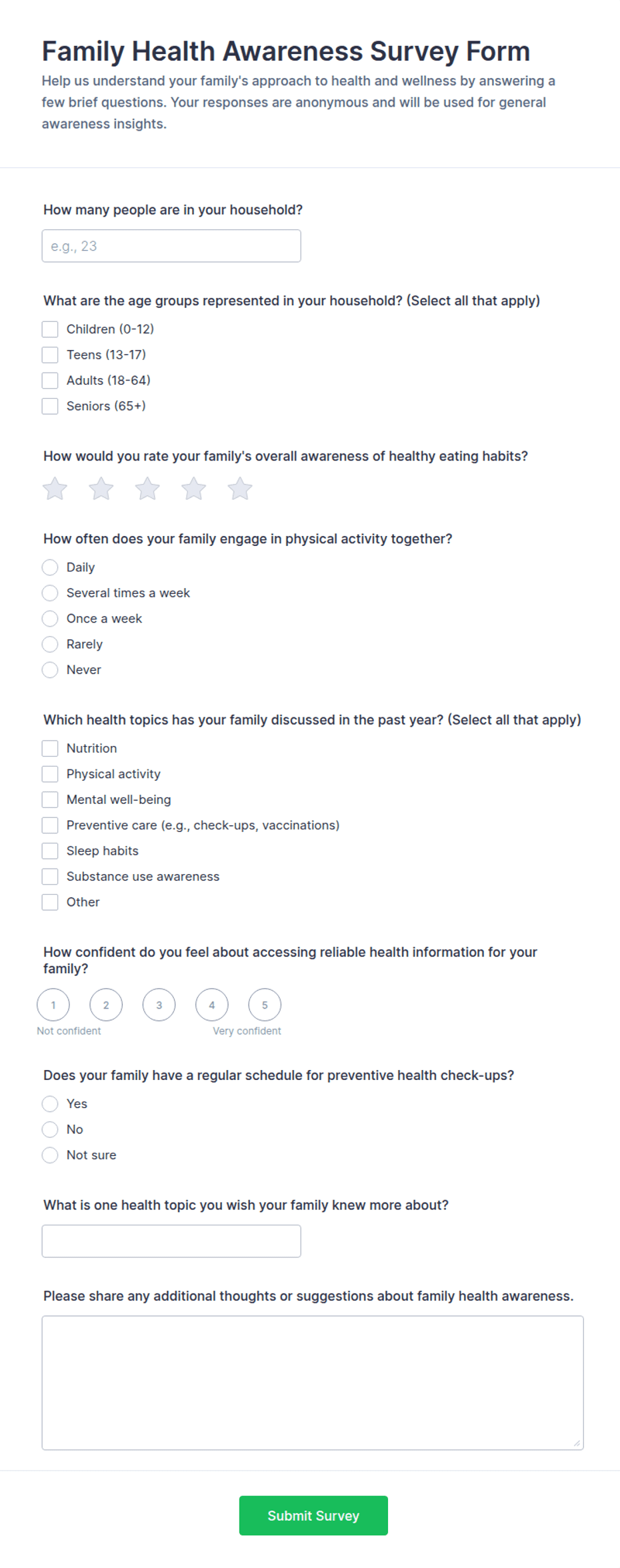 Family Health Awareness Survey Form Template | Jotform