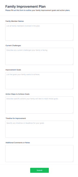 Family Improvement Plan Form Template
