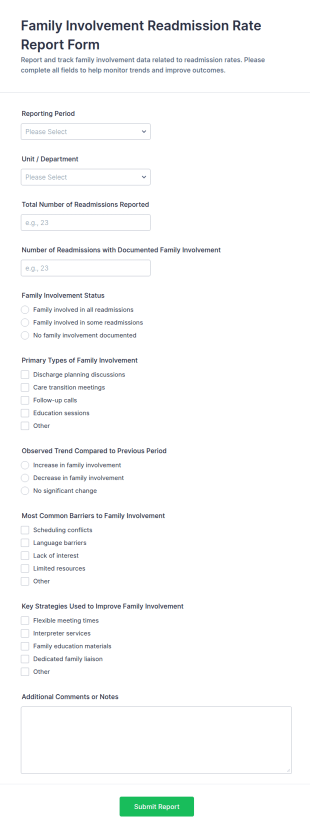 Family Involvement Readmission Rate Report Form Template