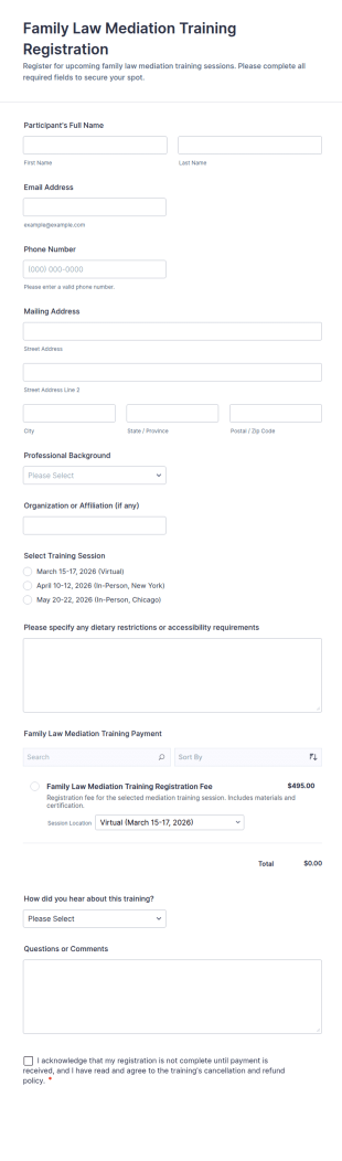 Family Law Mediation Training Registration Form Template