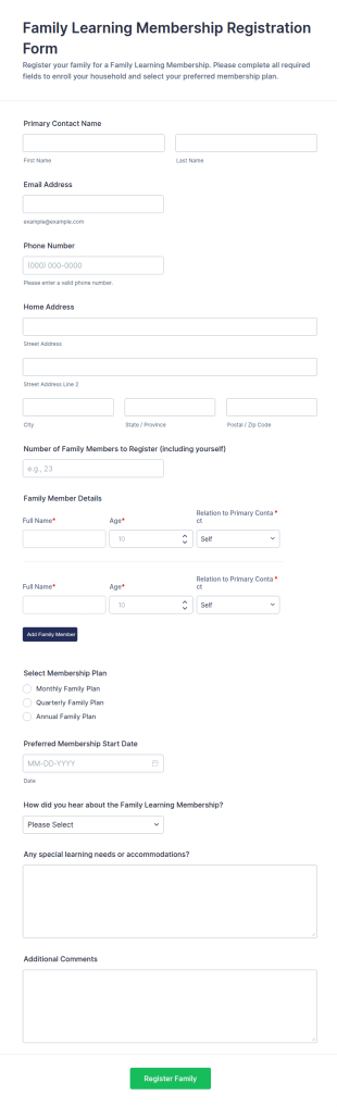 Family Learning Membership Registration Form Template