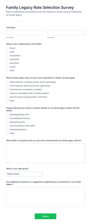 Family Legacy Role Selection Survey Form Template