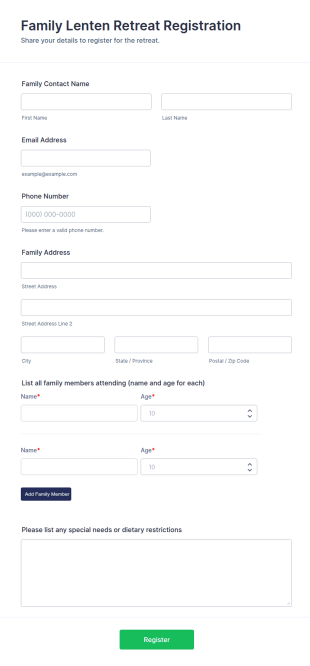 Family Lenten Retreat Registration Form Template