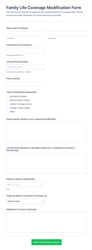 Family Life Coverage Modification Form Template