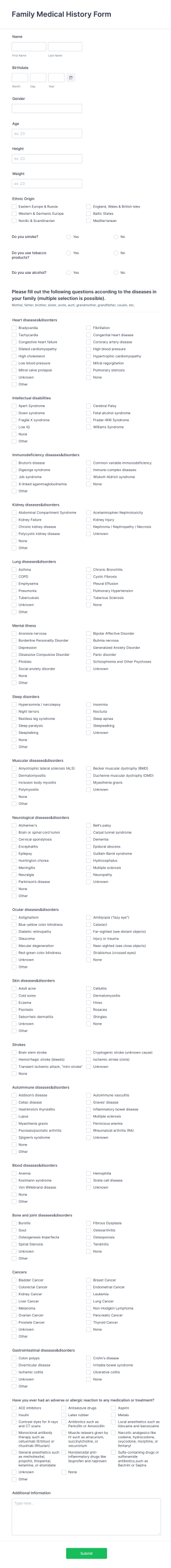 Family Medical History Form Template