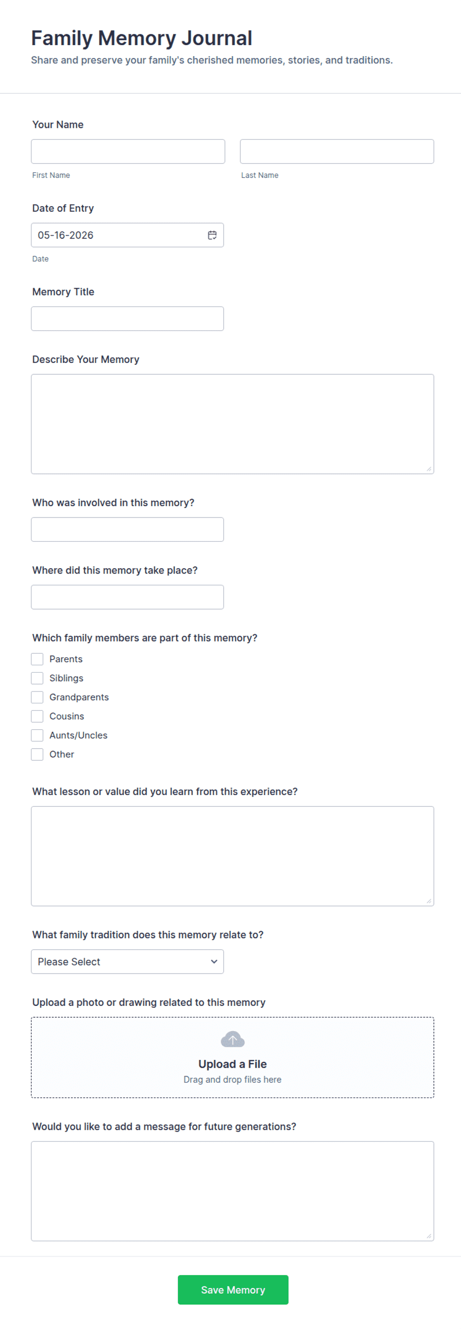 Family Memory Journal Form Template | Jotform