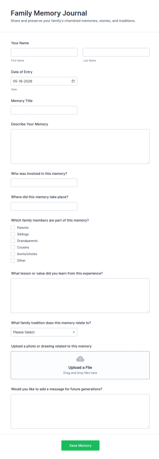 Family Memory Journal Form Template