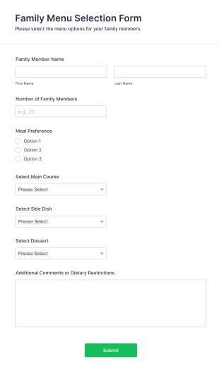 Family Menu Selection Form Template