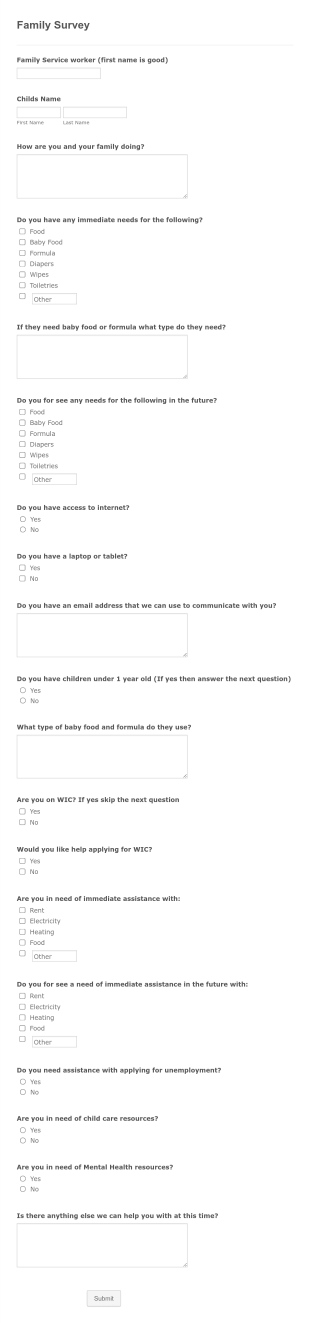 Family Needs Survey Form Template
