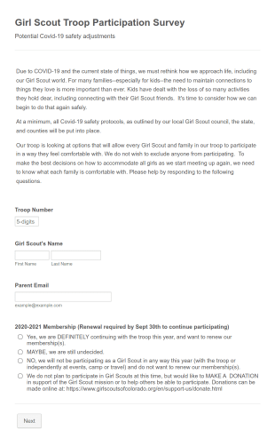 Family Participation Survey For Girl Scout Troops Form Template