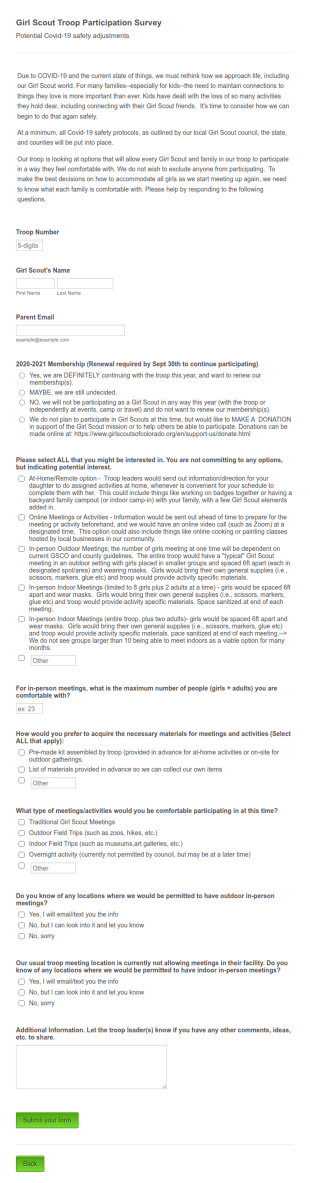 Family Participation Survey For Girl Scout Troops Form Template