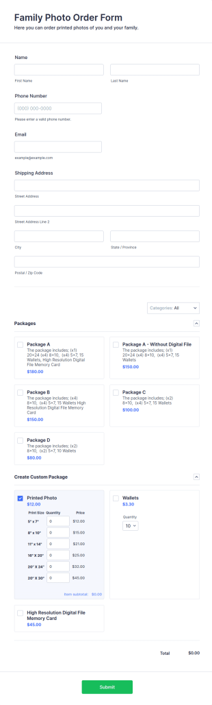 Family Photo Order Form Template