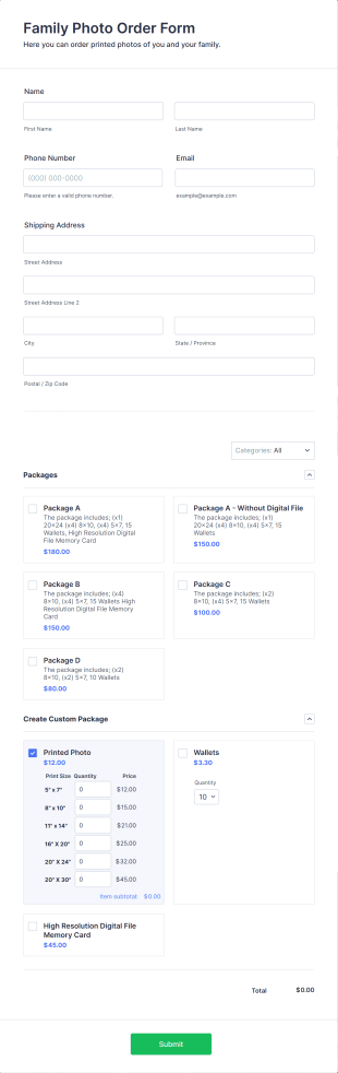 Family Photo Order Form Template