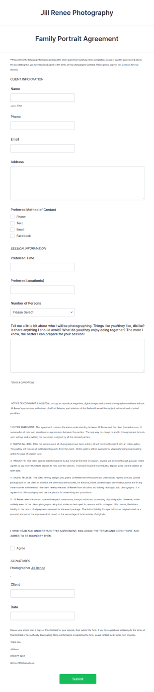 Family Photography Contract Form Template