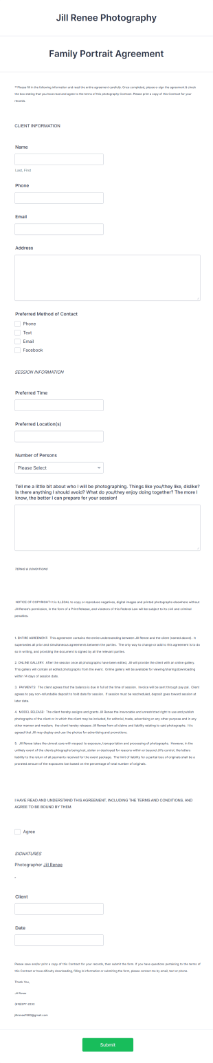 Family Photography Contract Form Template