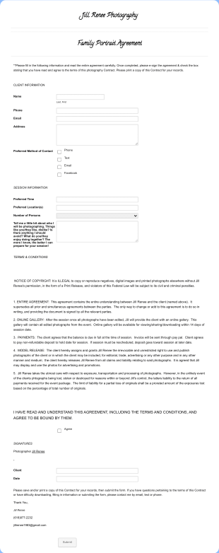 Family Photography Contract Form Template
