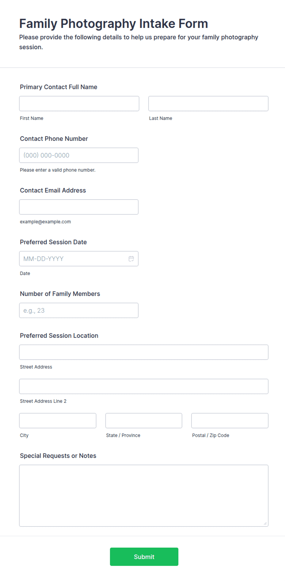 Family Photography Intake Form Template | Jotform