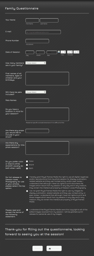Family Photography Questionnaire Form Template
