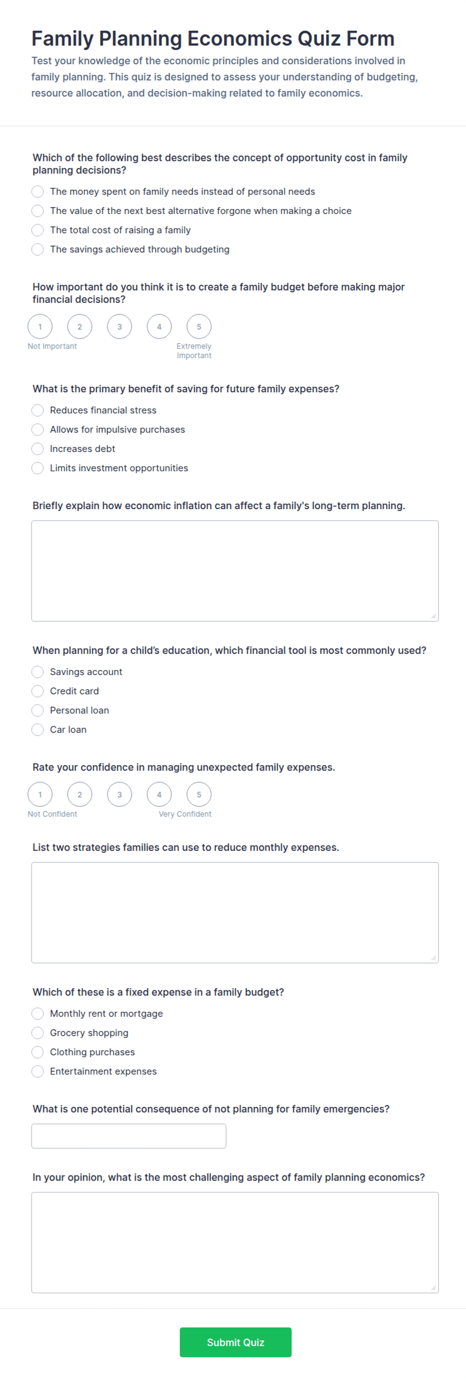Family Planning Economics Quiz Form Template | Jotform