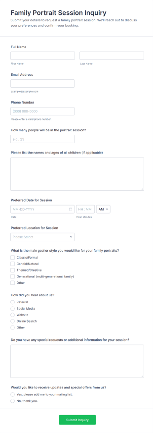 Family Portrait Session Inquiry Form Template