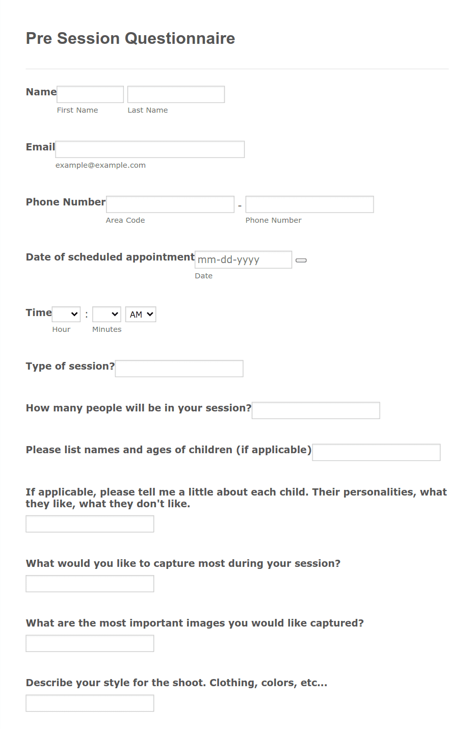 Family Session Questionnaire Form Template | Jotform