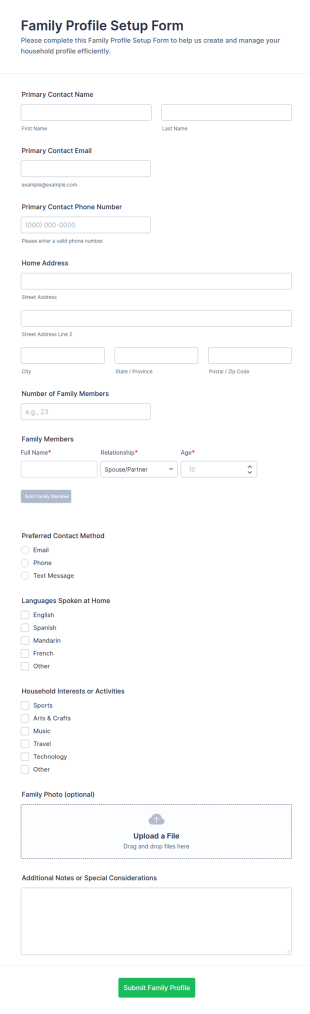 Family Profile Setup Form Template