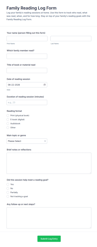 Family Reading Log Form Template