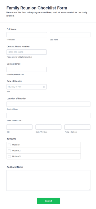 Family Reunion Checklist Form Template