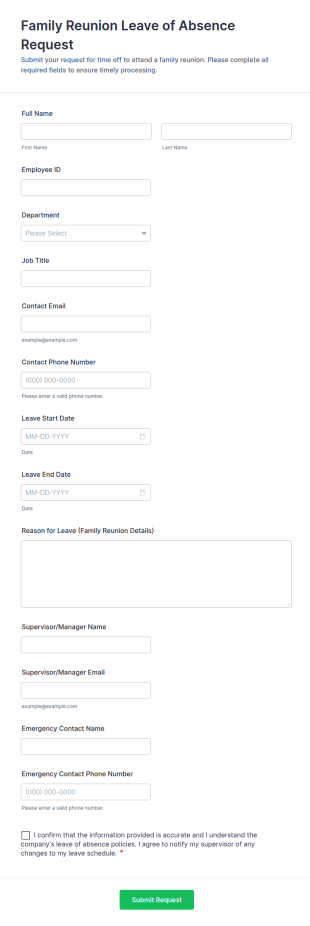 Family Reunion Leave Of Absence Request Form Template