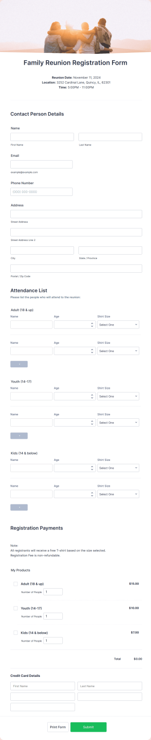 Family Reunion Registration Form Template