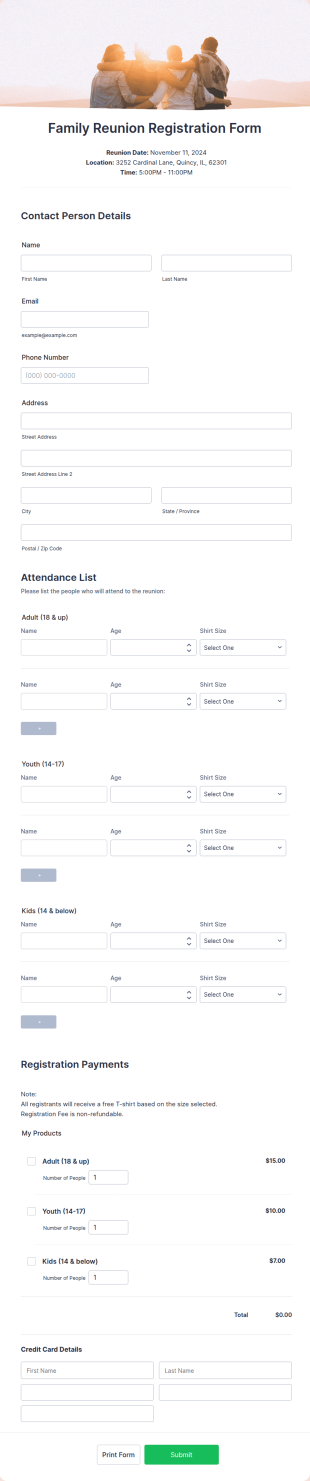 Family Reunion Registration Form Template