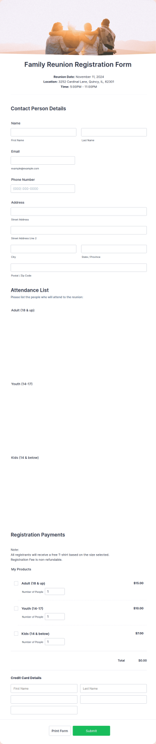 Family Reunion Registration Form Template