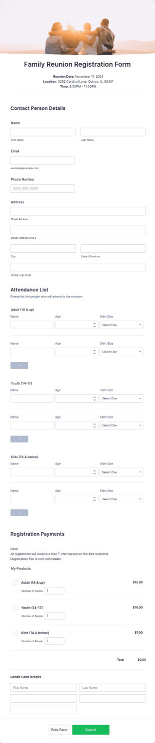 Family Reunion Registration Form Template