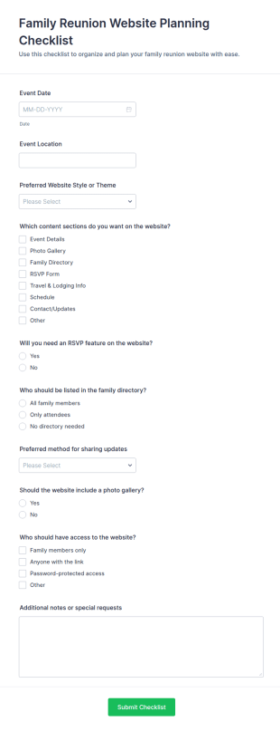 Family Reunion Website Planning Checklist Form Template