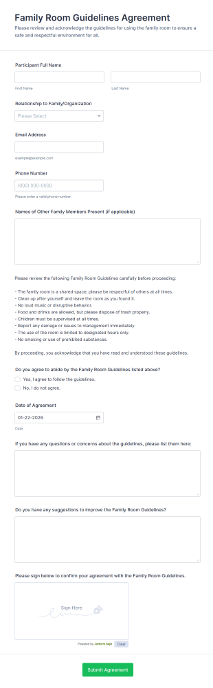 Family Room Guidelines Agreement Form Template