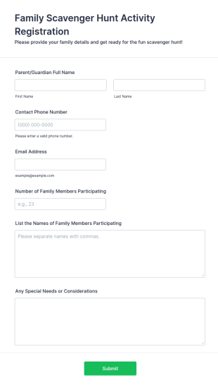 Family Scavenger Hunt Activity Registration Form Template