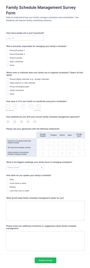 Family Schedule Management Survey Form Template