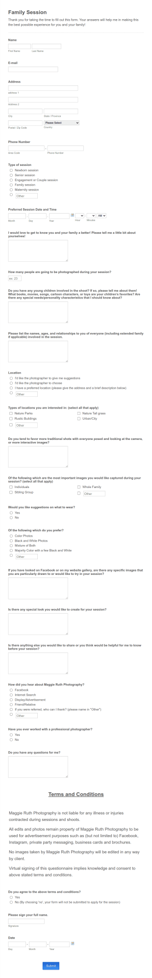 Family Photograph Session Questionnaire Form Template