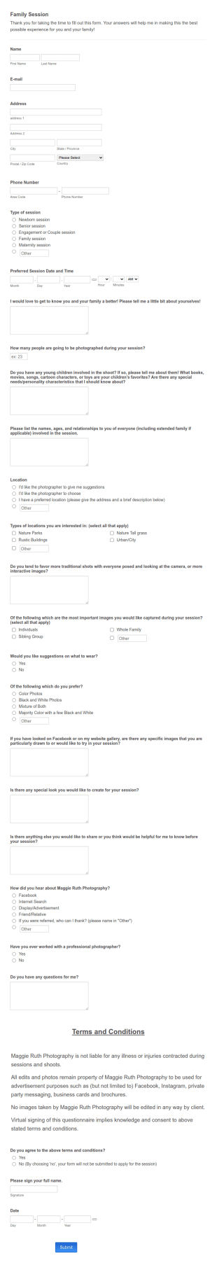 Family Photograph Session Questionnaire Form Template