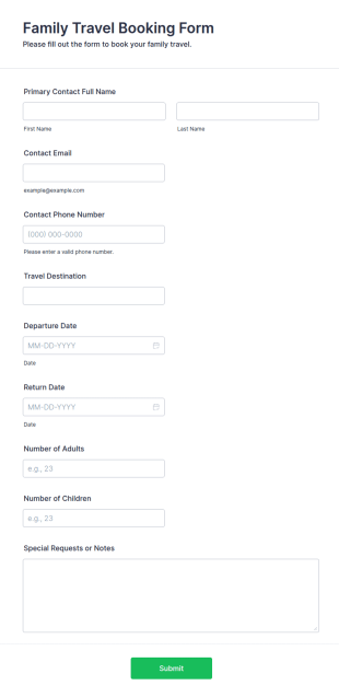 Family Travel Booking Form Template