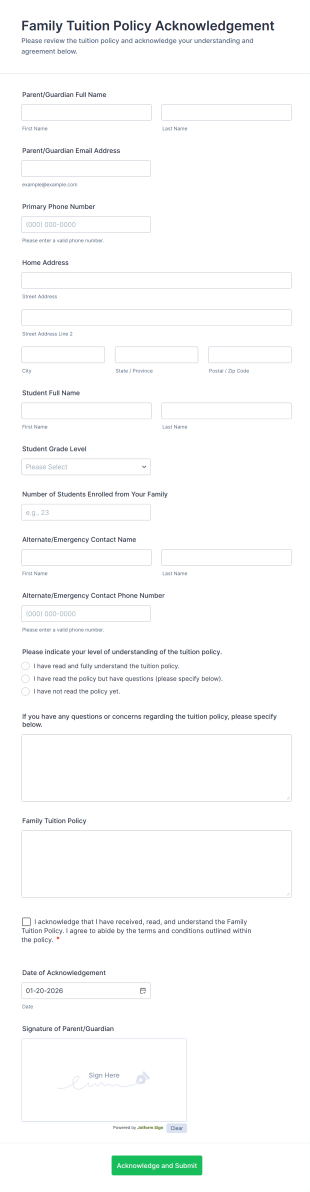 Family Tuition Policy Acknowledgement Form Template