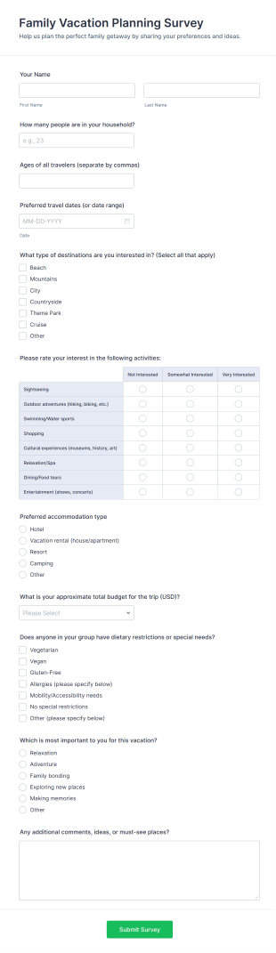 Family Vacation Planning Survey Form Template